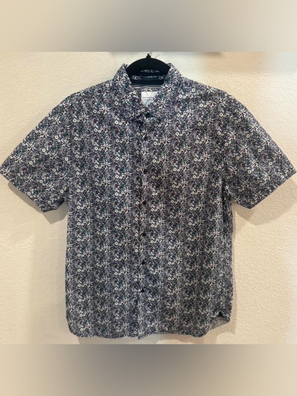 Men's Short-Sleeve Floral Button-Up Shirt - Navy/White